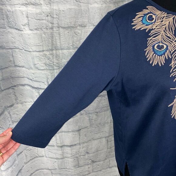 Peacock embroidered 3/4 sleeve blouse navy blue sz medium women - Picture 3 of 10
